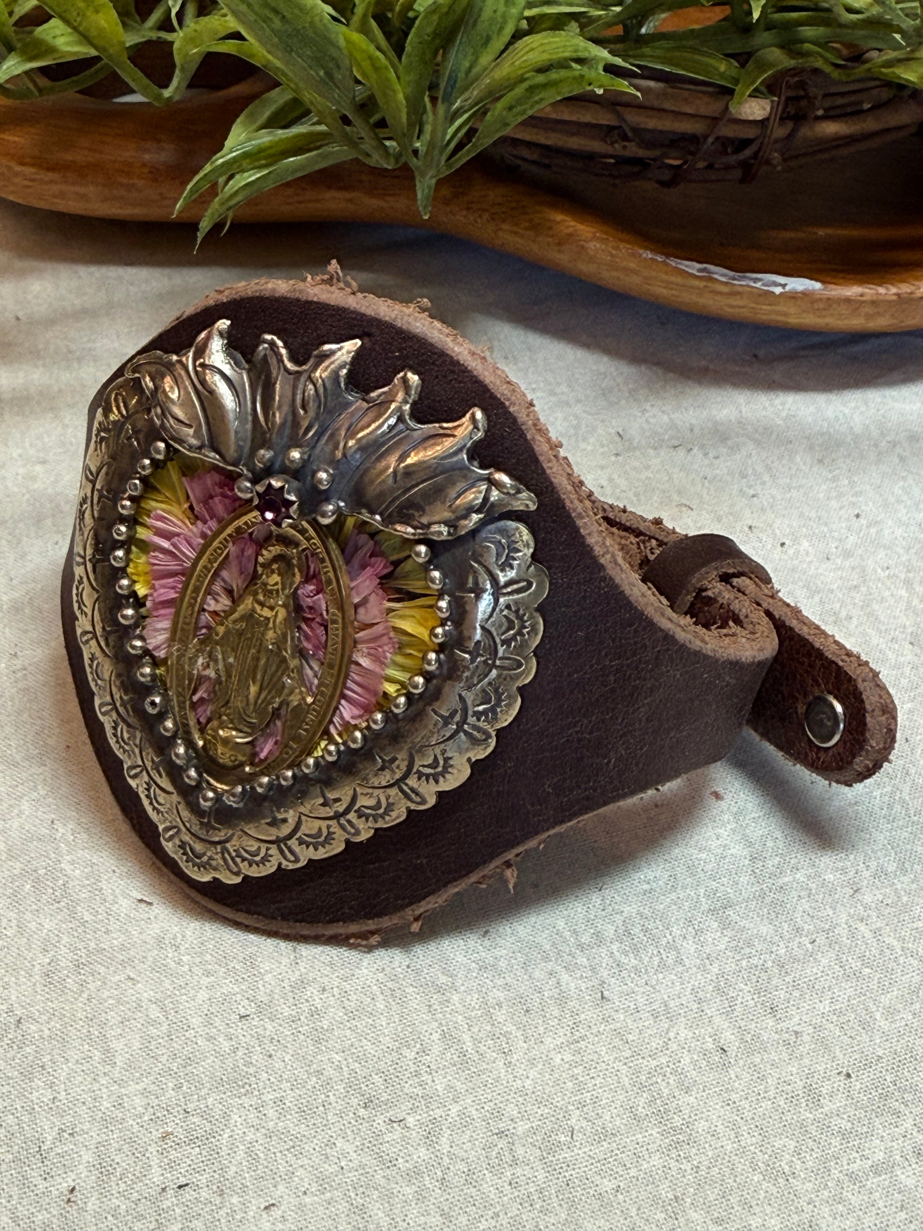 Flaming Heart with Lady of Guad Leather Cuff