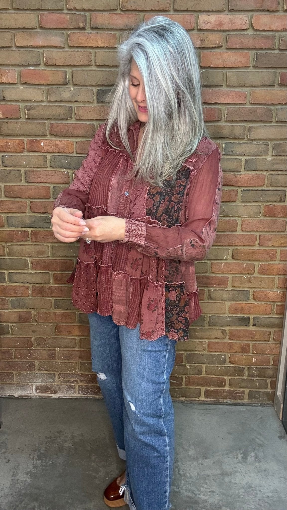 Garnet Tiered Patchwork Shirt - Vintage Vault Boutique