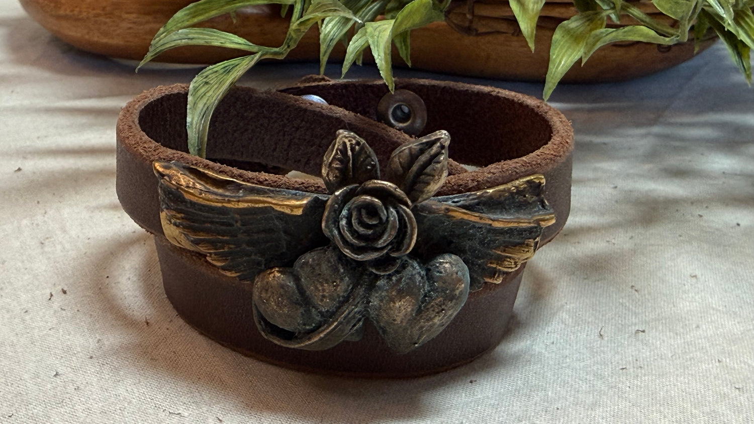 Leather with Brass Double Heart Bracelet