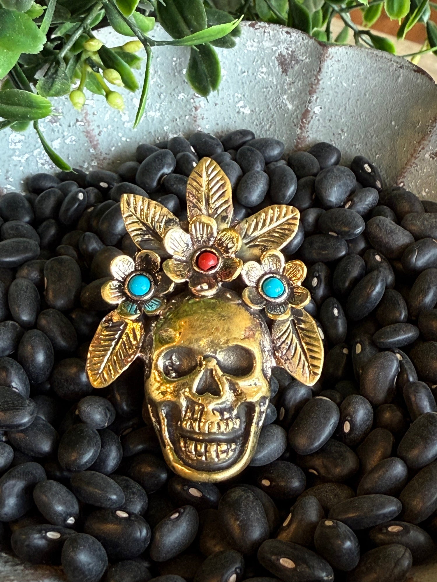 Gold Skull with Turquoise and Coral Stone Ring