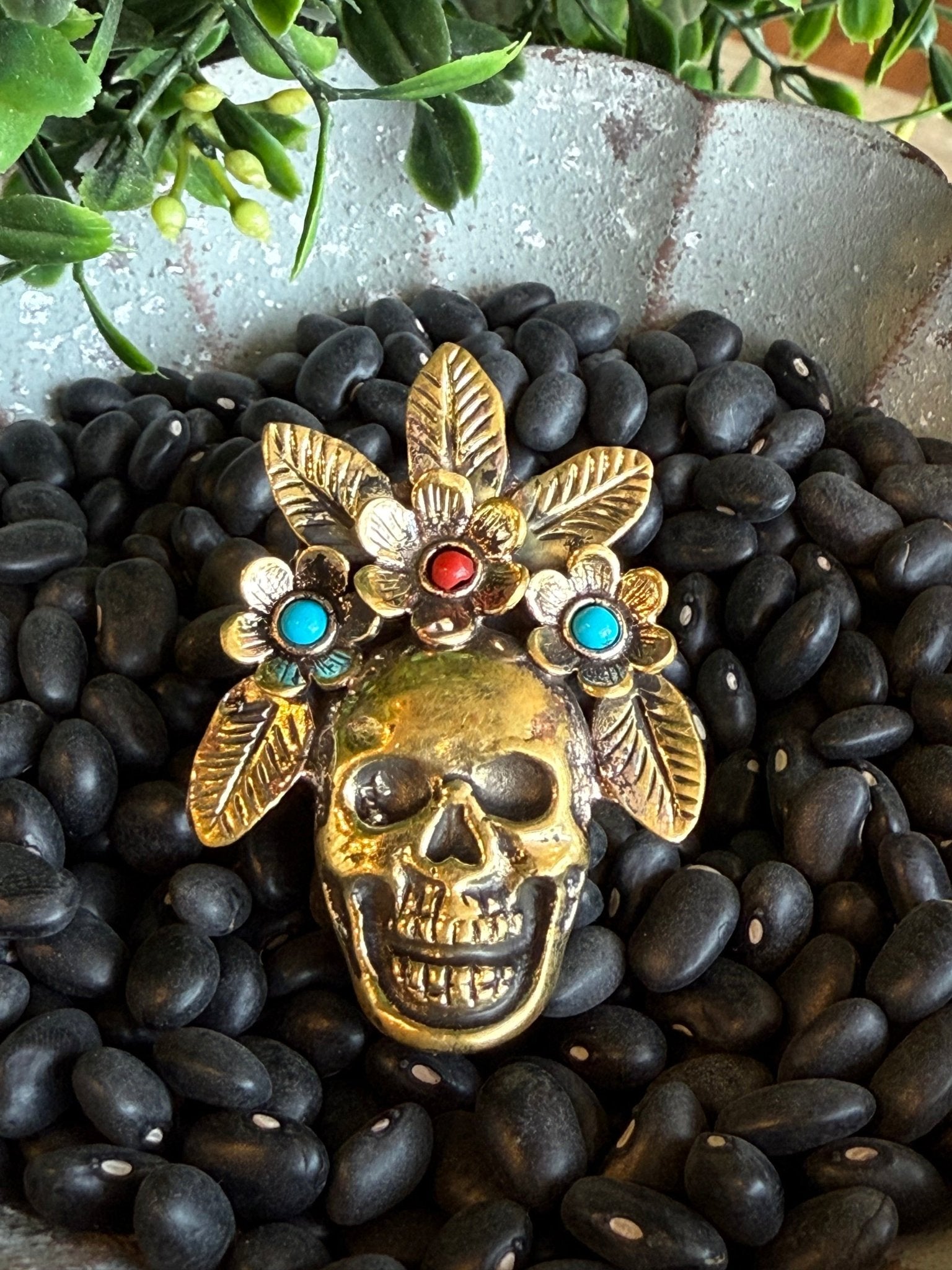 Gold Skull with Turquoise and Coral Stone Ring - Vintage Vault Boutique