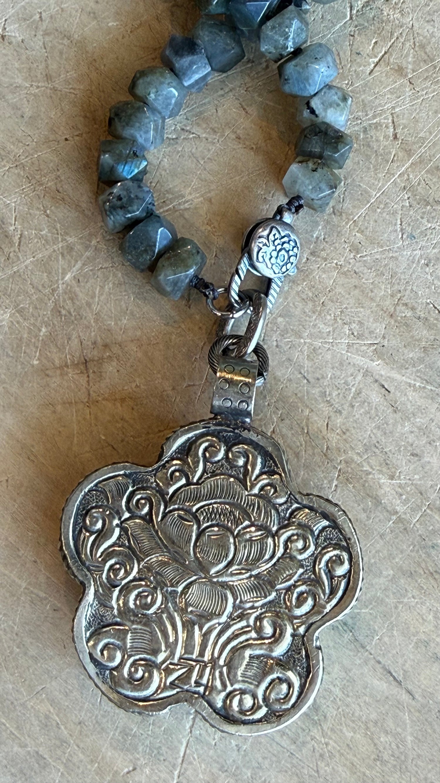 Amazonite Flower on Labradorite Beaded Charm Holder Necklace