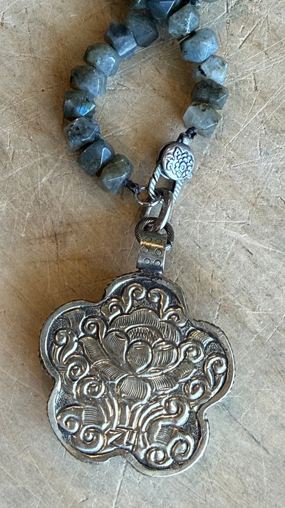 Amazonite Flower on Labradorite Beaded Charm Holder Necklace