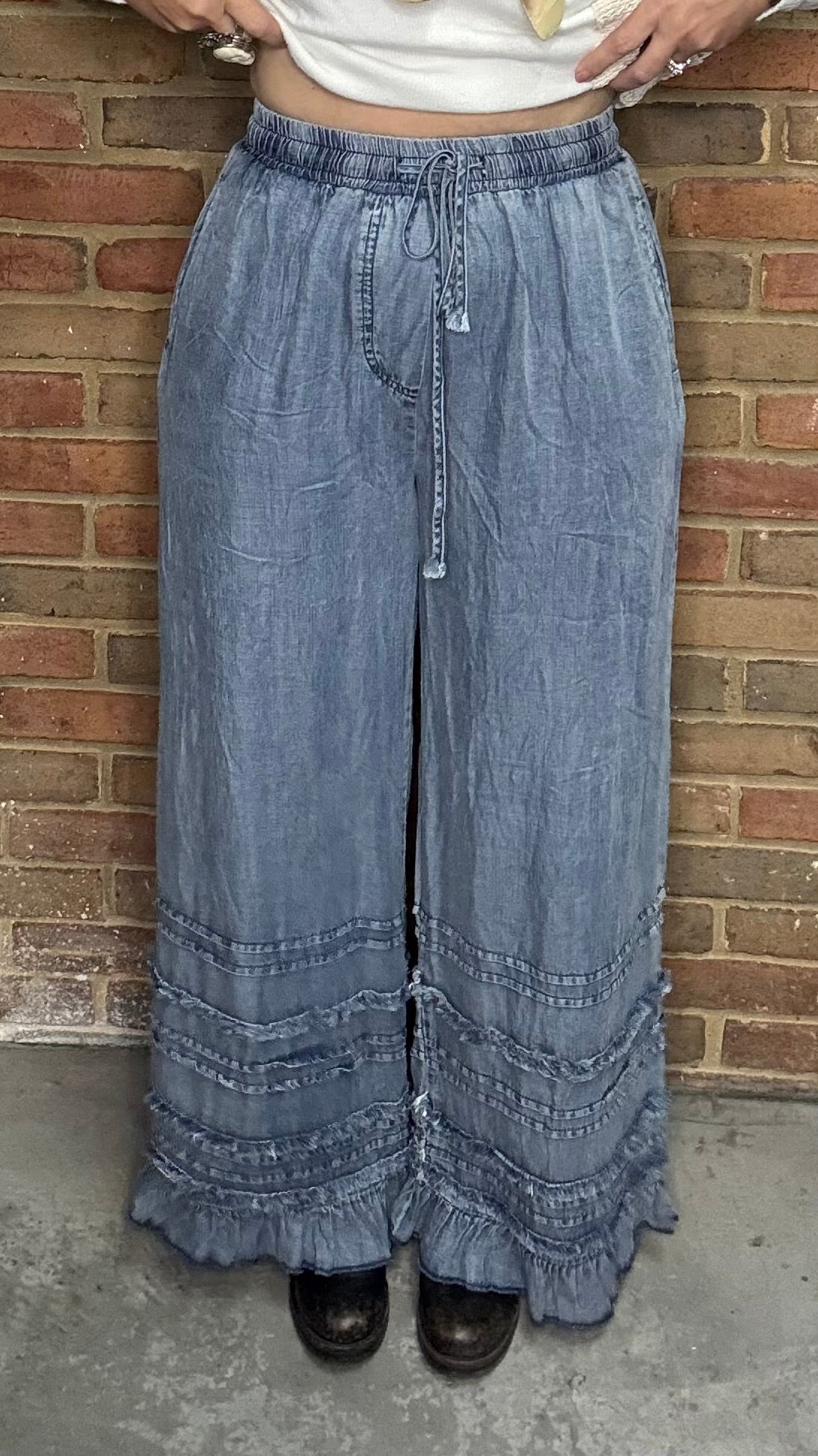 Chambray Palazzo Pants with Ruffles - Vintage Vault Boutique