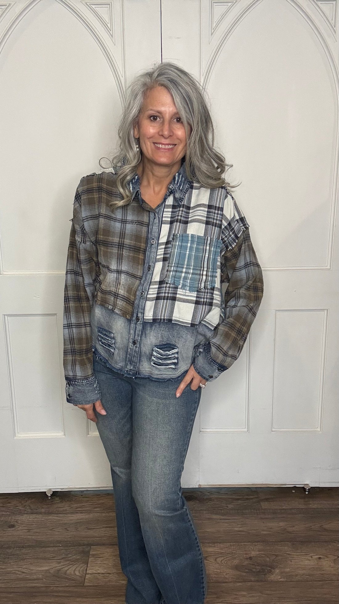 Denim Plaid Mix Button Down Shirt