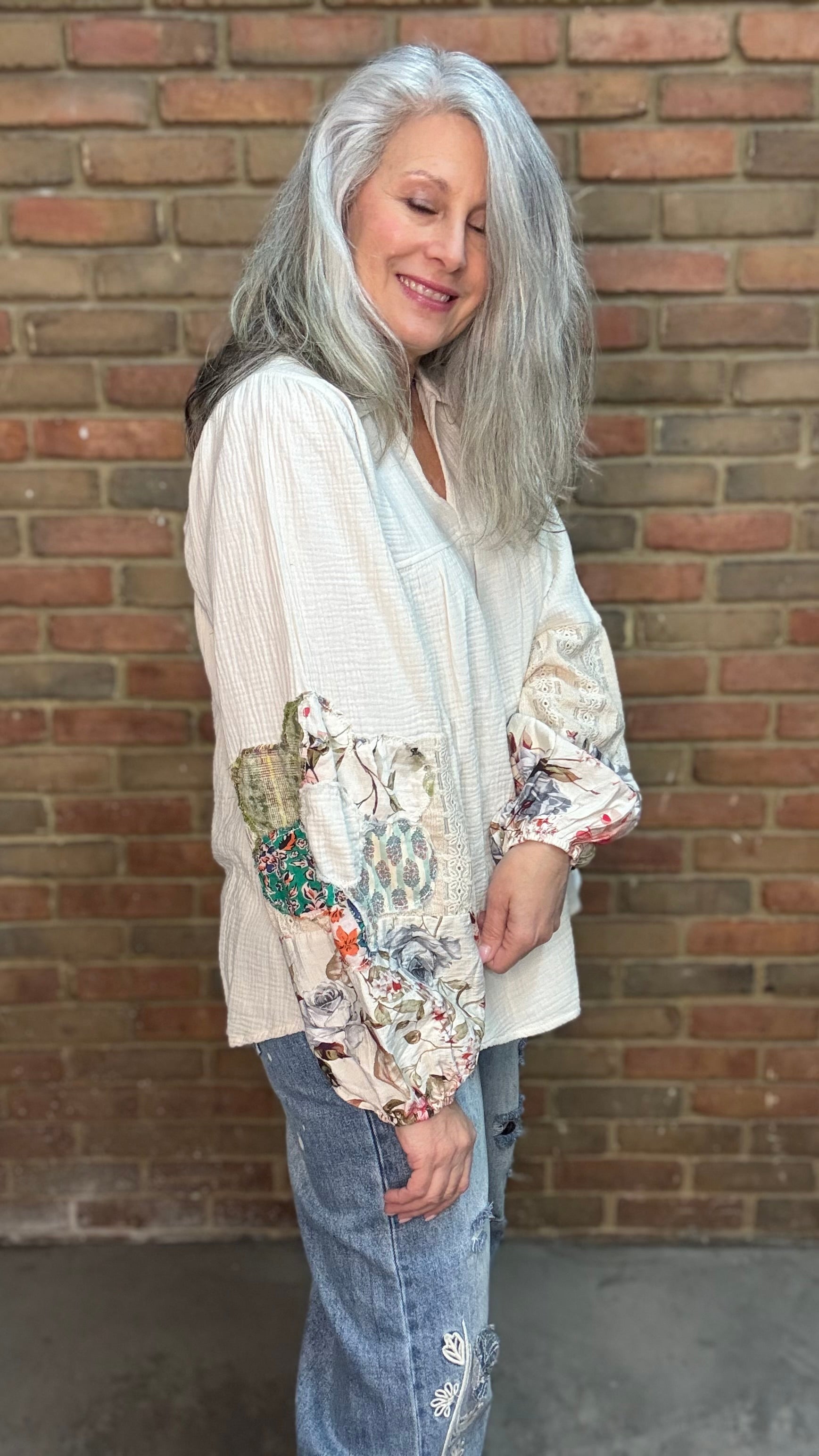 Woman wearing V-Neck Collared Flower Patch Top with Floral Embroidered Relax Jean 1083