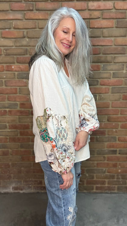 Woman wearing V-Neck Collared Flower Patch Top with Floral Embroidered Relax Jean 1083