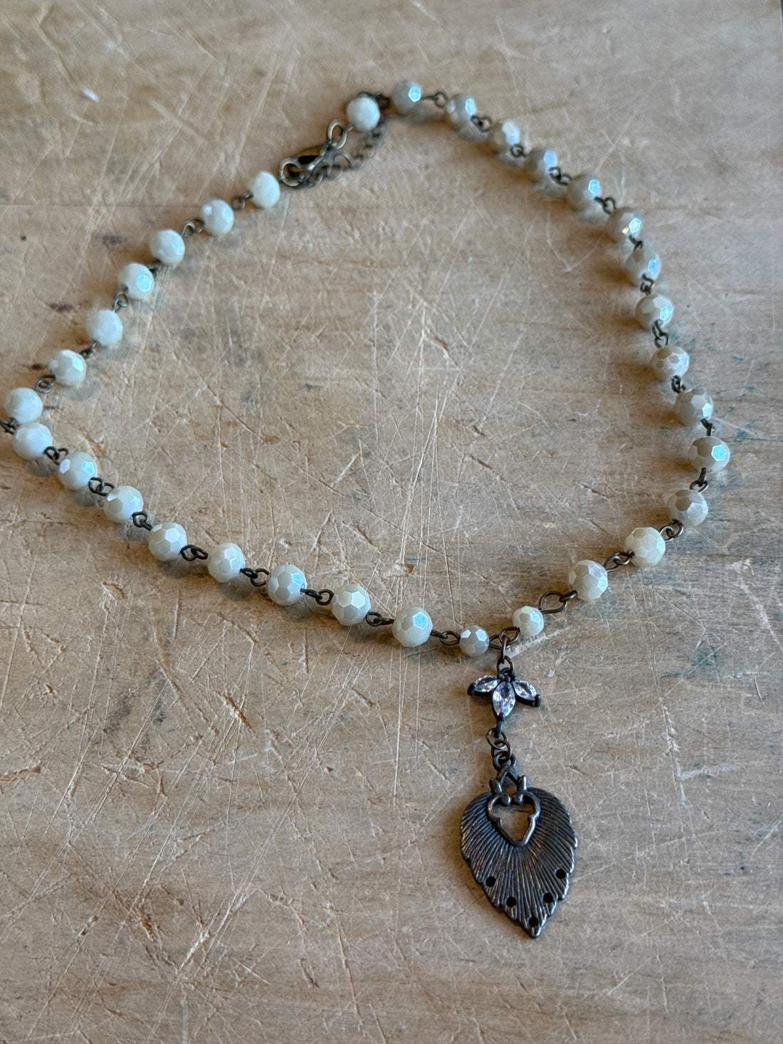 Sacred Heart on Cream Bead Necklace