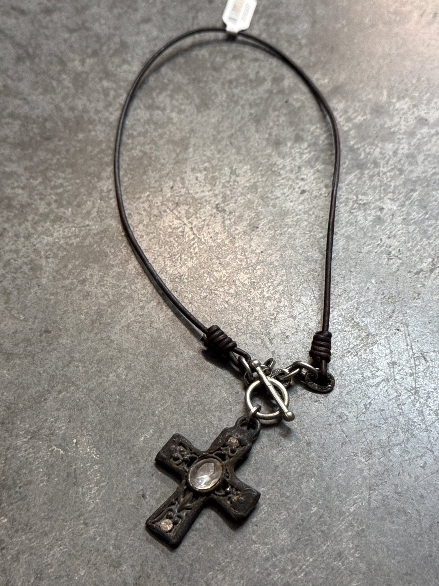 Rustic Iron Cross with Crystal on Leather Necklace - Vintage Vault Boutique