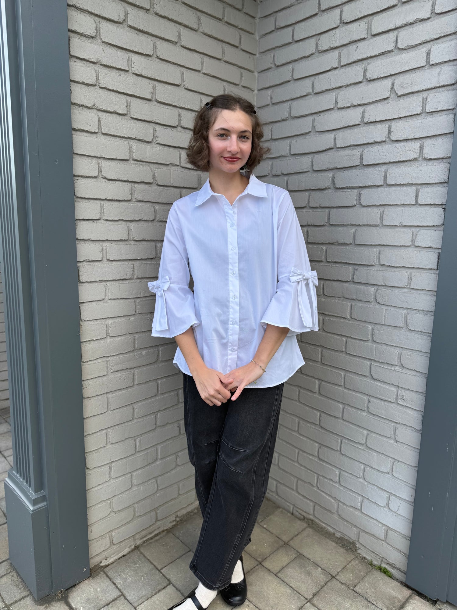 White Shirt with Bow Accent