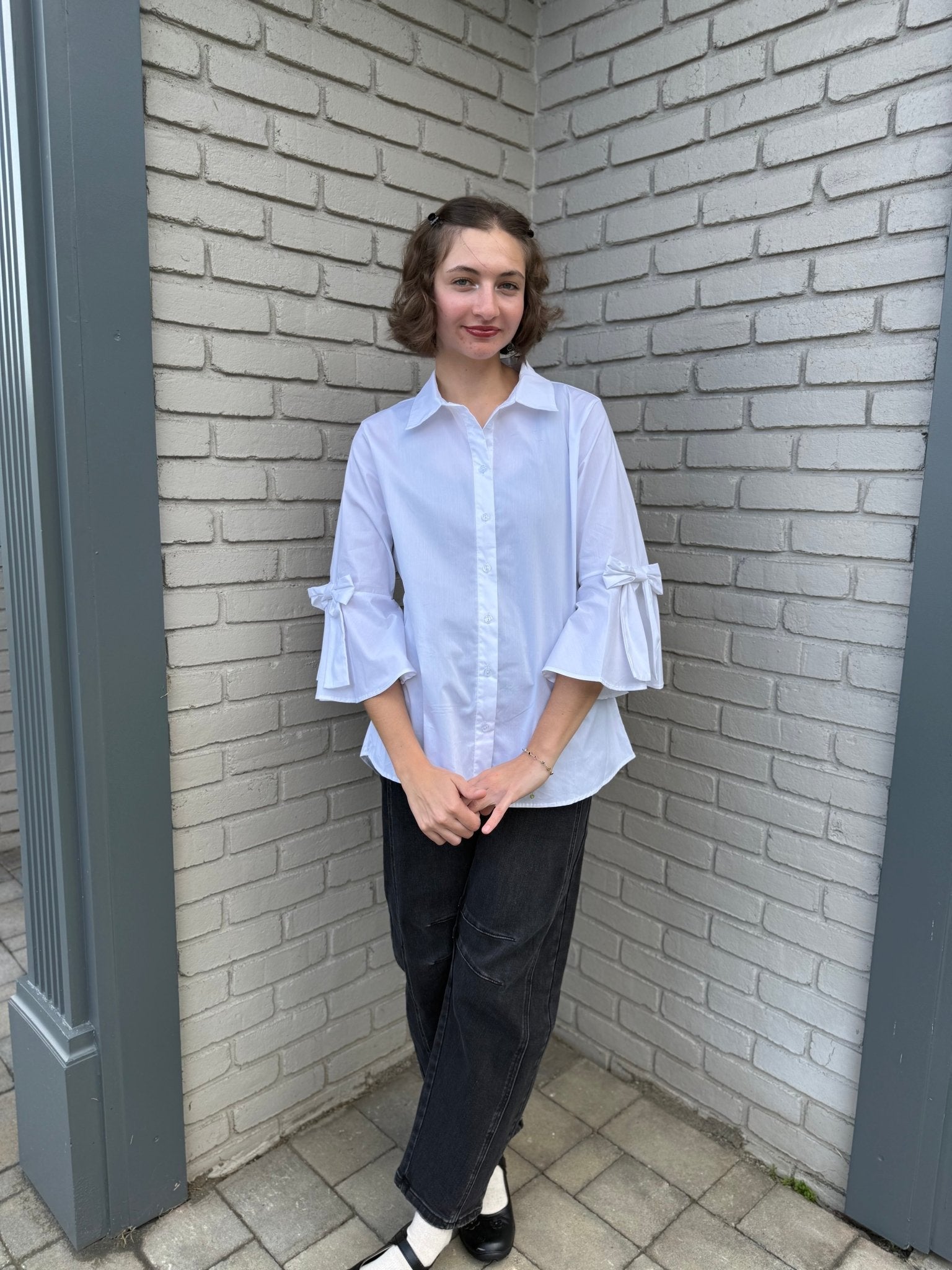 White Shirt with Bow Accent - Vintage Vault Boutique