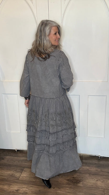 Gray Long Flare Dress with Ruffles