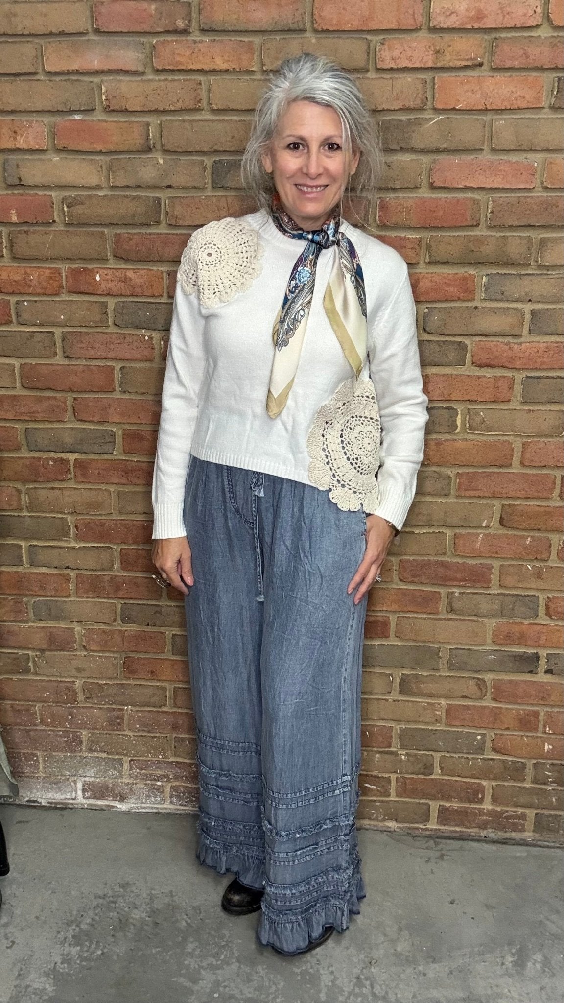 Chambray Palazzo Pants with Ruffles - Vintage Vault Boutique
