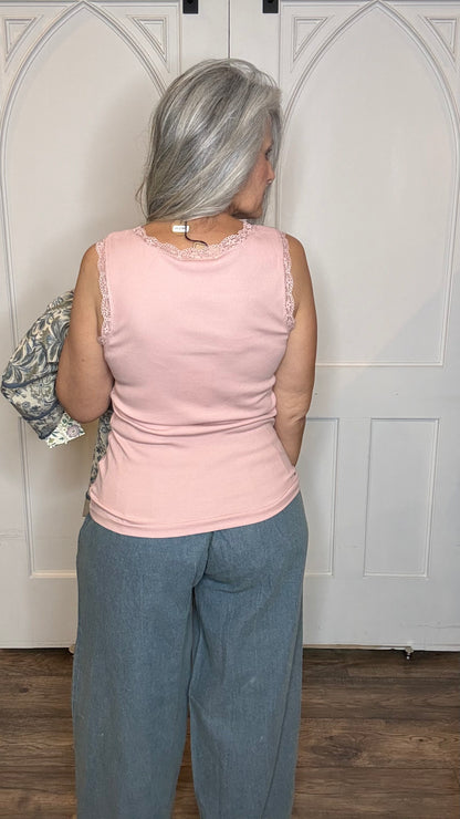 Lace Trim Ribbed Tank Top Blush