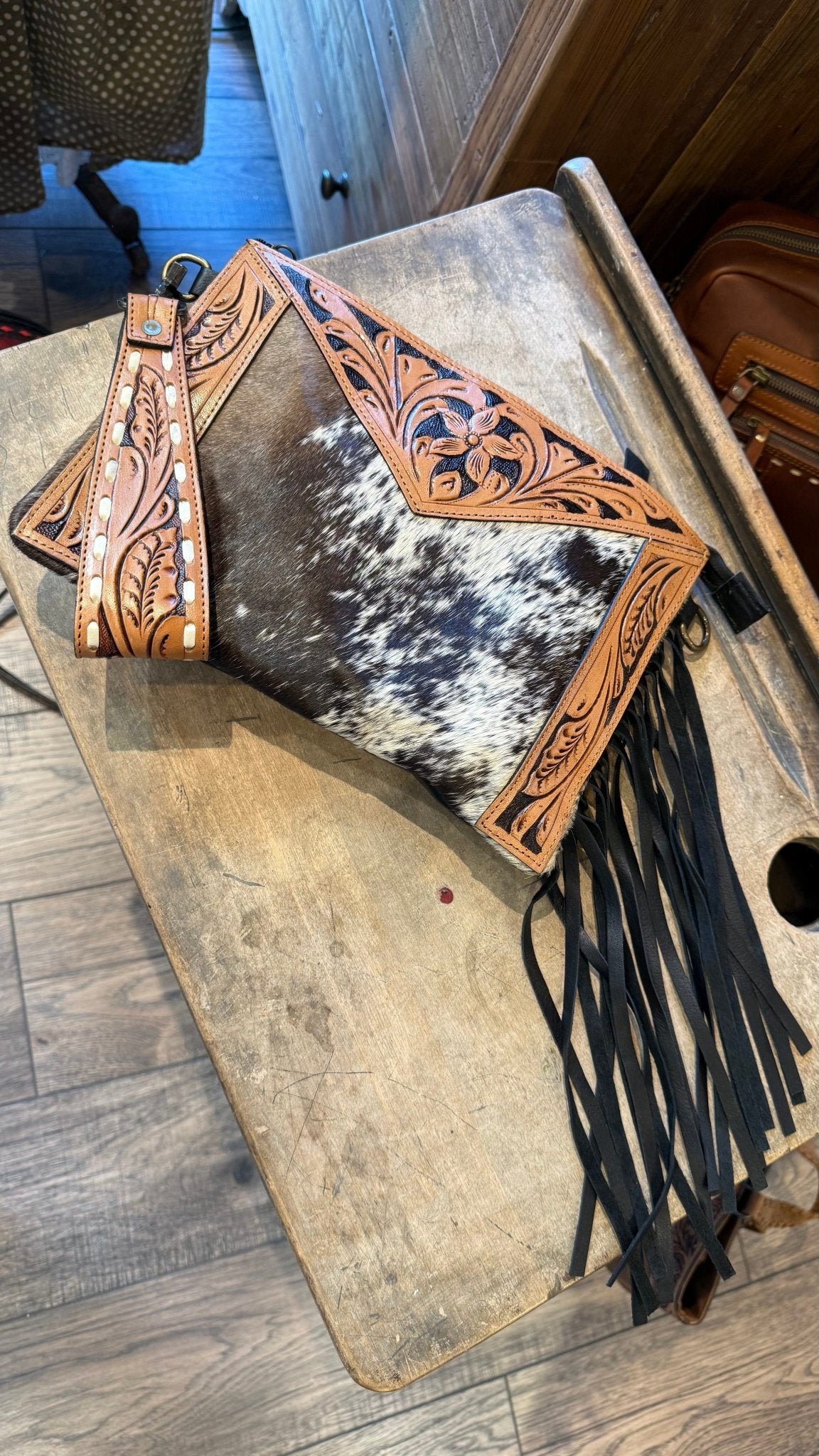 Hide Tooled Leather Clutch with Fringe - Vintage Vault Boutique