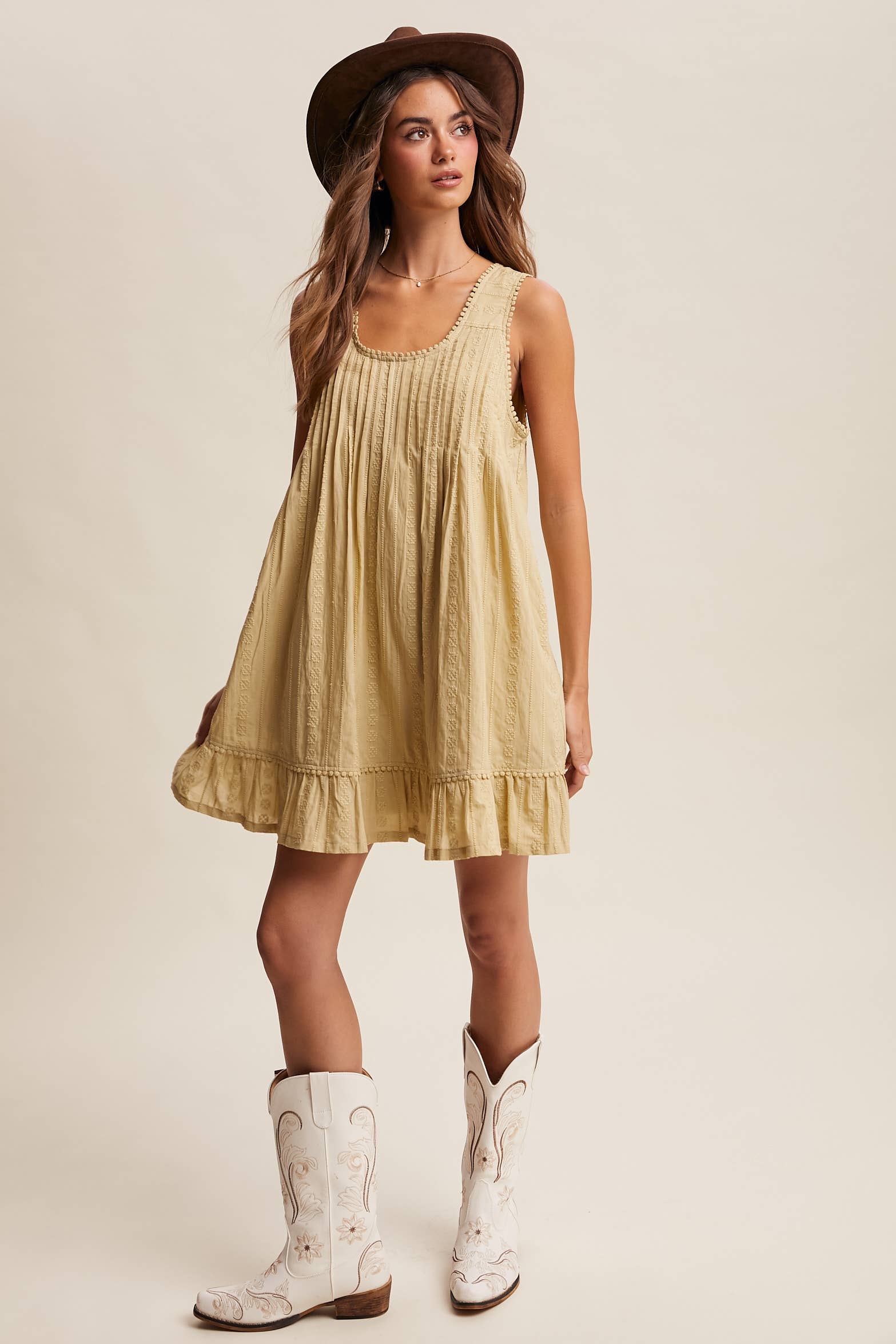 Pintuck Mini Dress - Light Olive - Vintage Vault Boutique