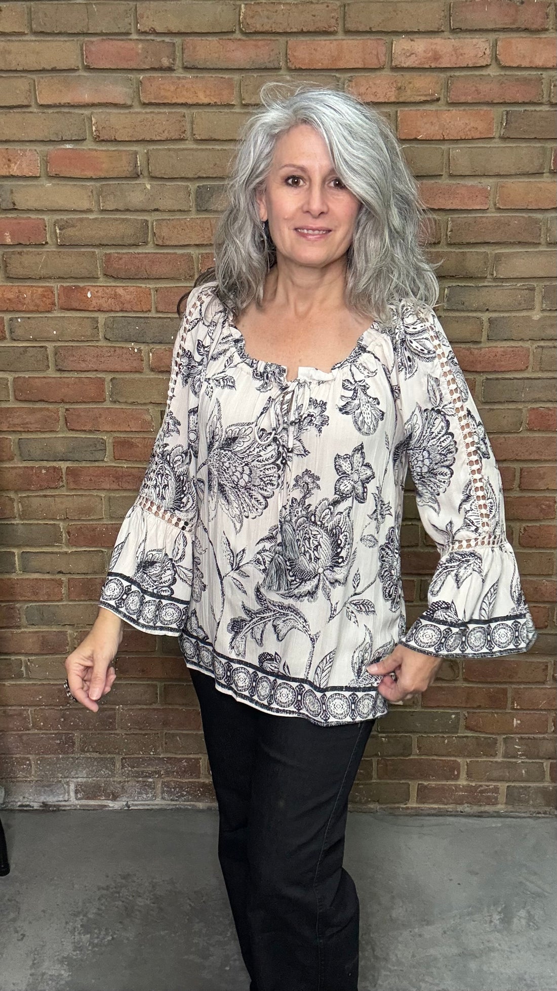 Ivory Printed Tie Neck Top