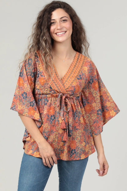 Rust V-Neck Circle Waist Tie Top