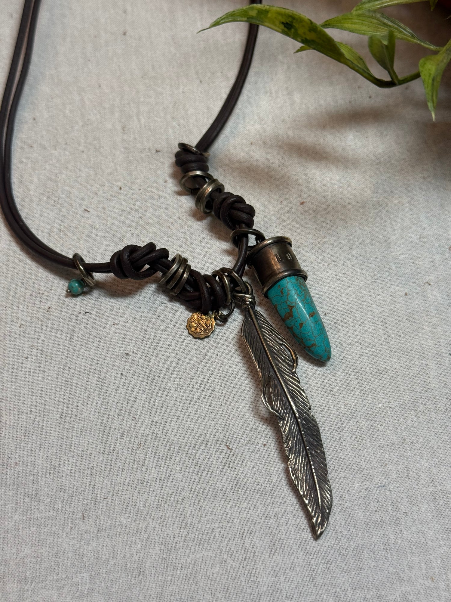 Turquoise Horn and Feather Leather Necklace