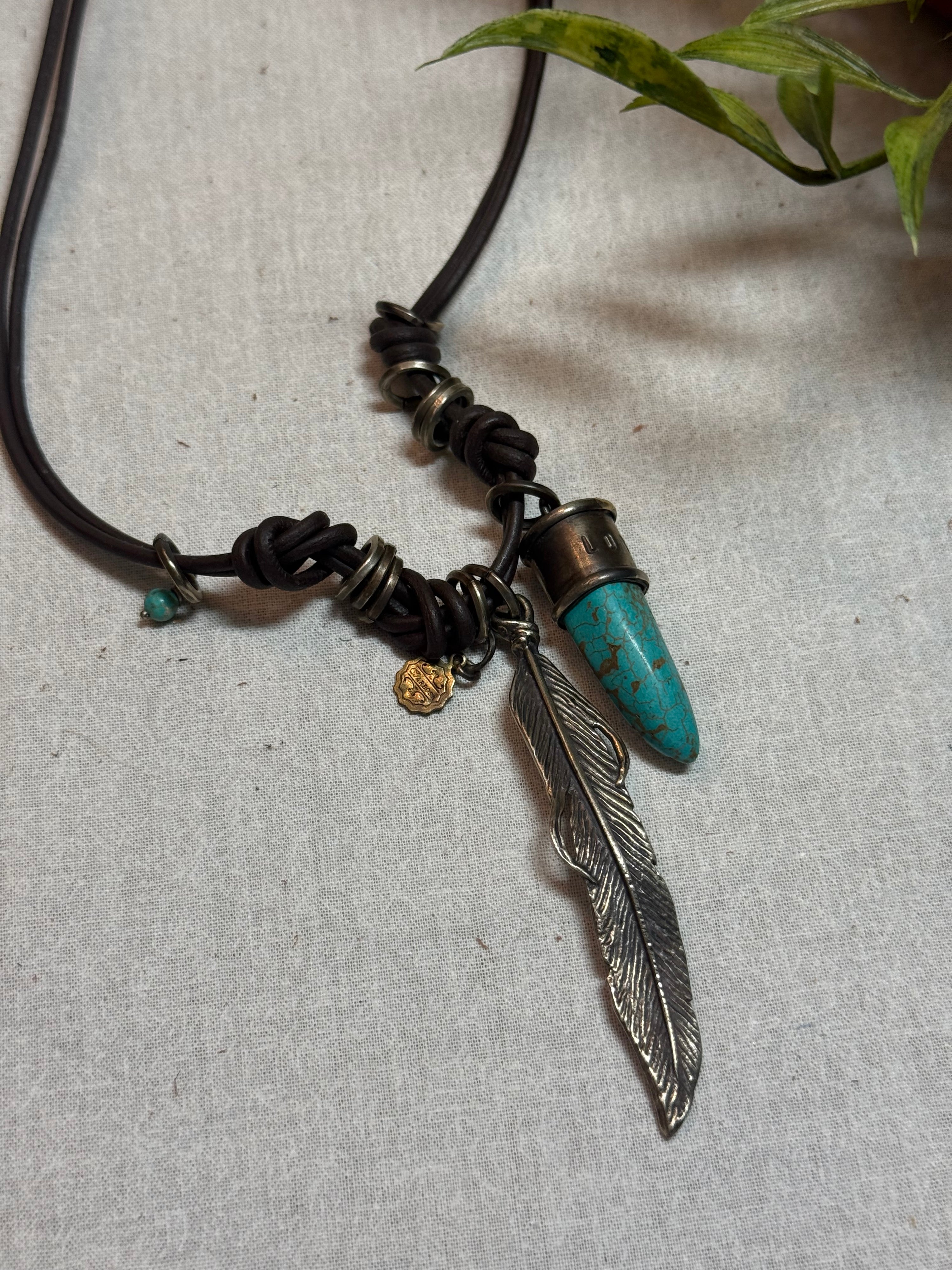 Turquoise Horn and Feather Leather Necklace