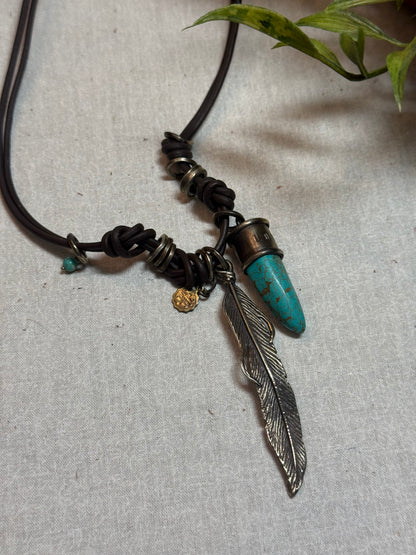 Turquoise Horn and Feather Leather Necklace