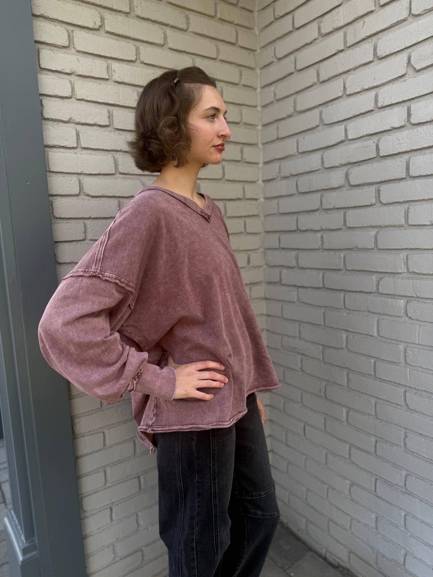 Red Bean V-Neck Oversized Sweatshirt