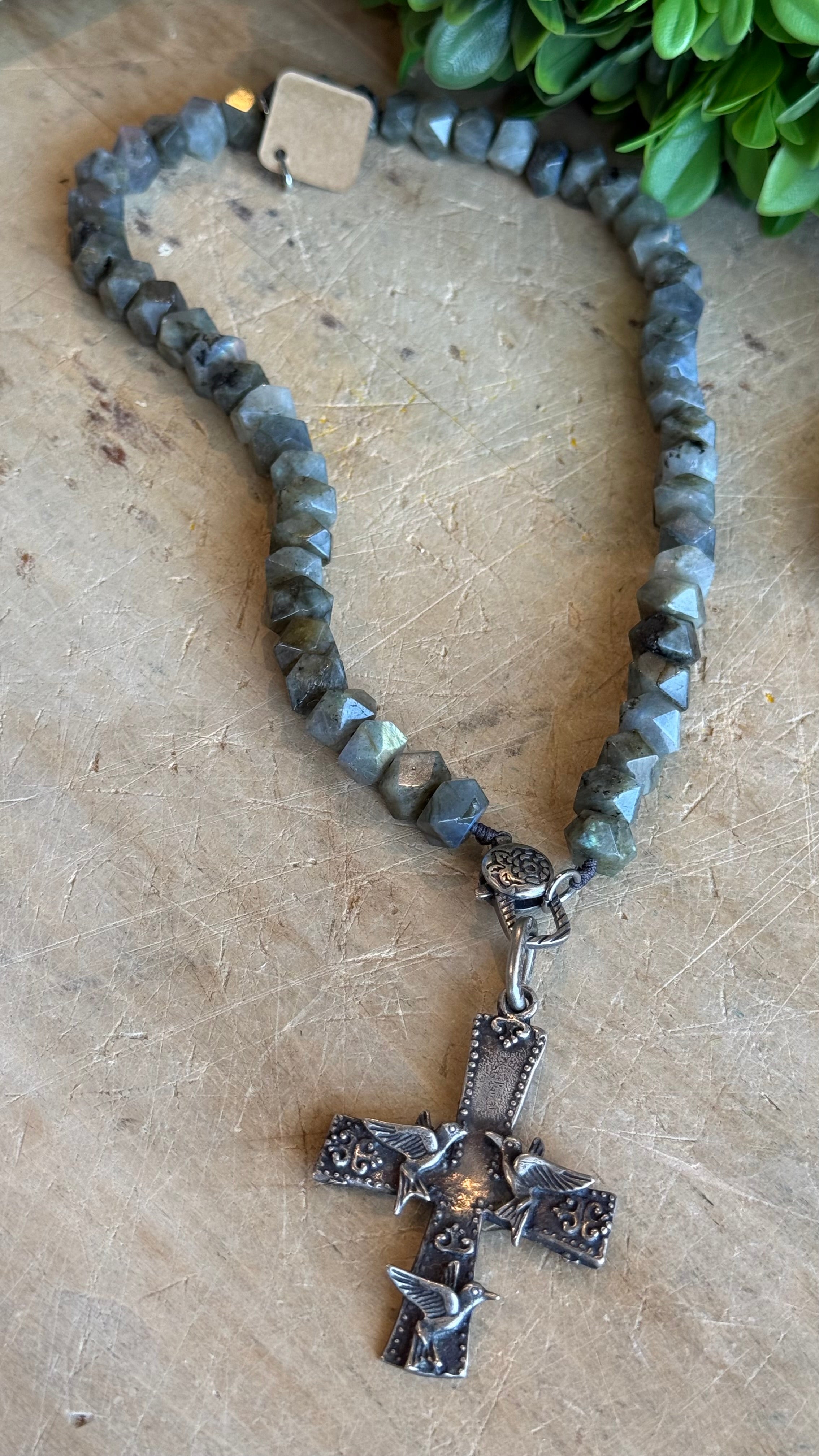 Bird Cross on Labradorite Charm Holder Necklace