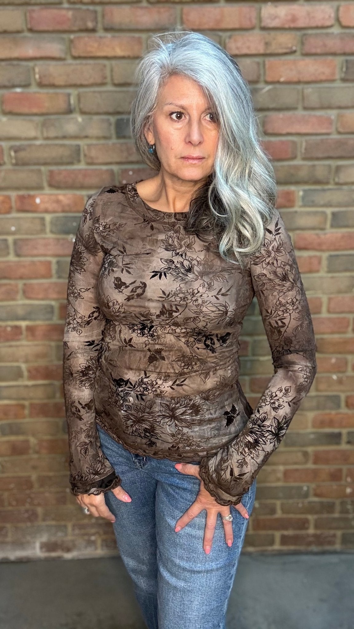 Brown Burn Out Floral Mesh Top - Vintage Vault Boutique