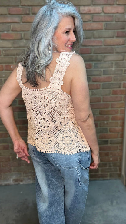 Crochet Square Neck Tank Blush - Vintage Vault Boutique