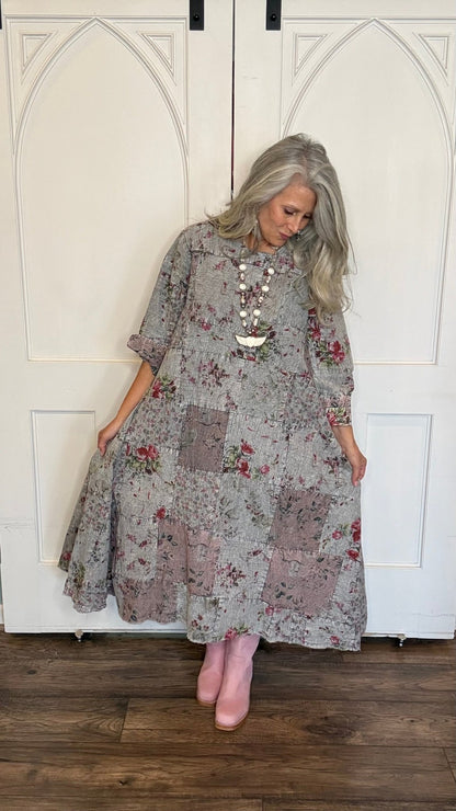 Floral Patchwork Long Cotton Dress - Vintage Vault Boutique