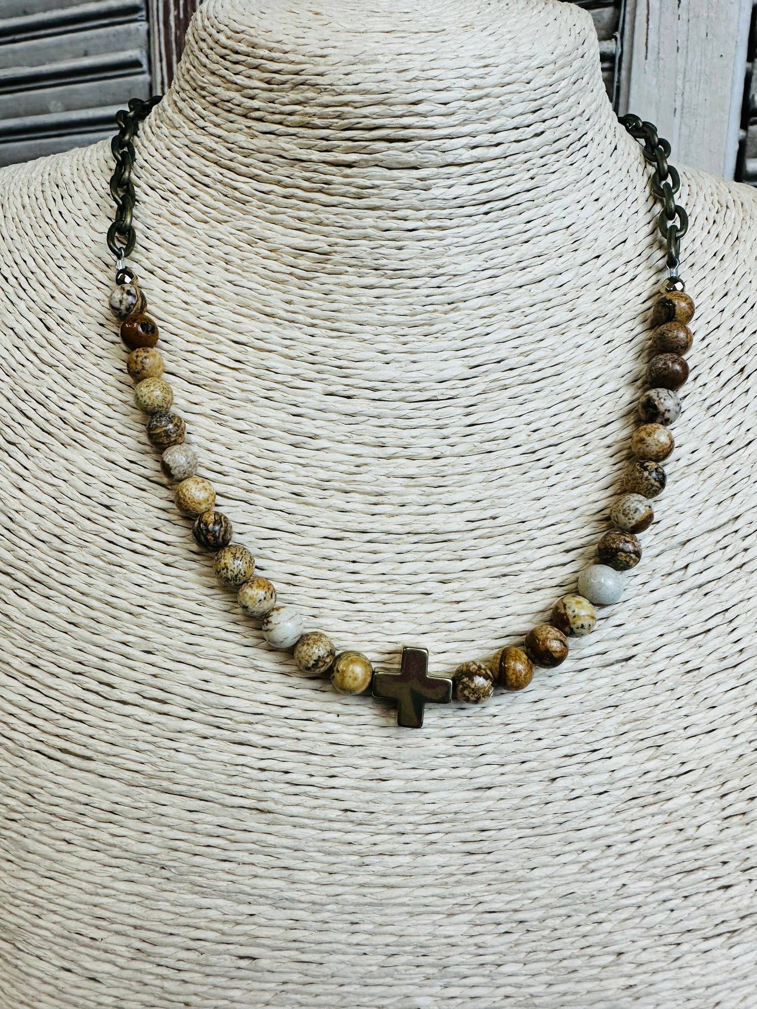 Jasper Metallic Cross Necklace - Vintage Vault Boutique