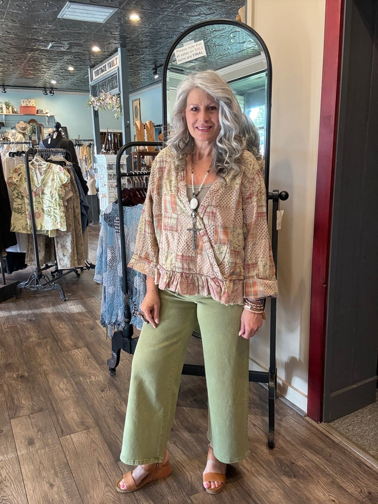 Green High Rise Drawstring Crop Wide Leg Jean - Vintage Vault Boutique