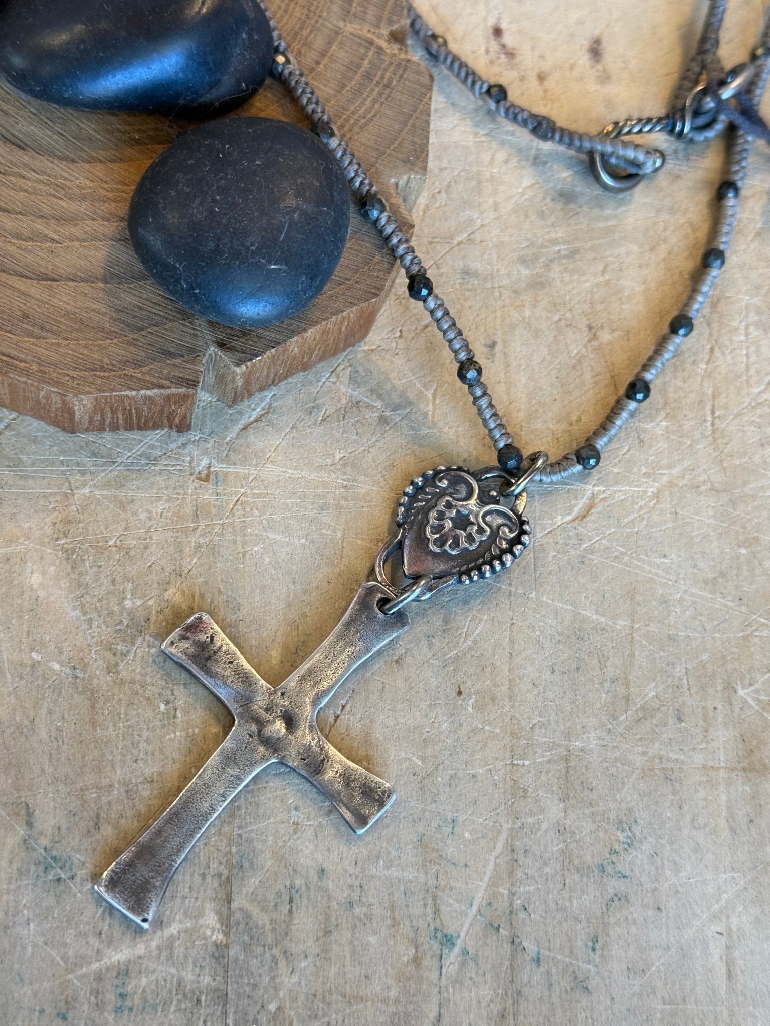 Cross on Braided Pyrite Strand Necklace - Vintage Vault Boutique