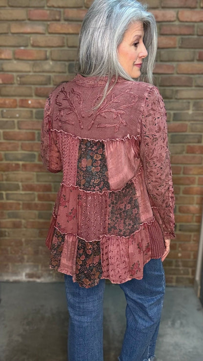 Garnet Tiered Patchwork Shirt - Vintage Vault Boutique
