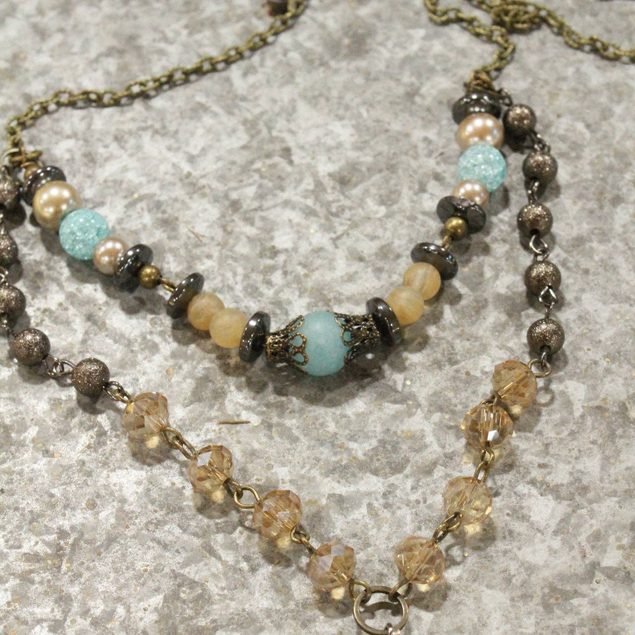 Classy Blue &amp; Topaz Glass With Mixed Metals Layered Necklace