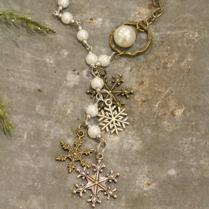 Mixed Metals Adorned With Pearls &amp; Snowflakes Pendant Necklace