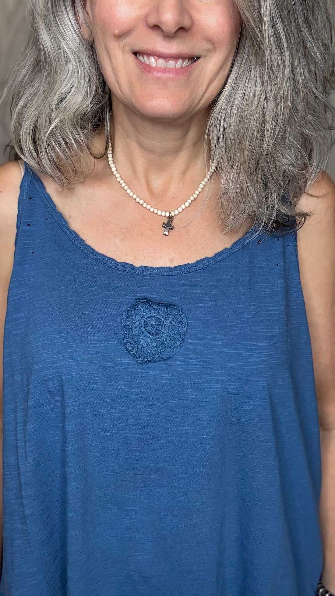 Bright Blue Cami with Lace Inset and Raw Edges