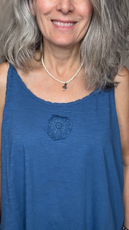 Bright Blue Cami with Lace Inset and Raw Edges