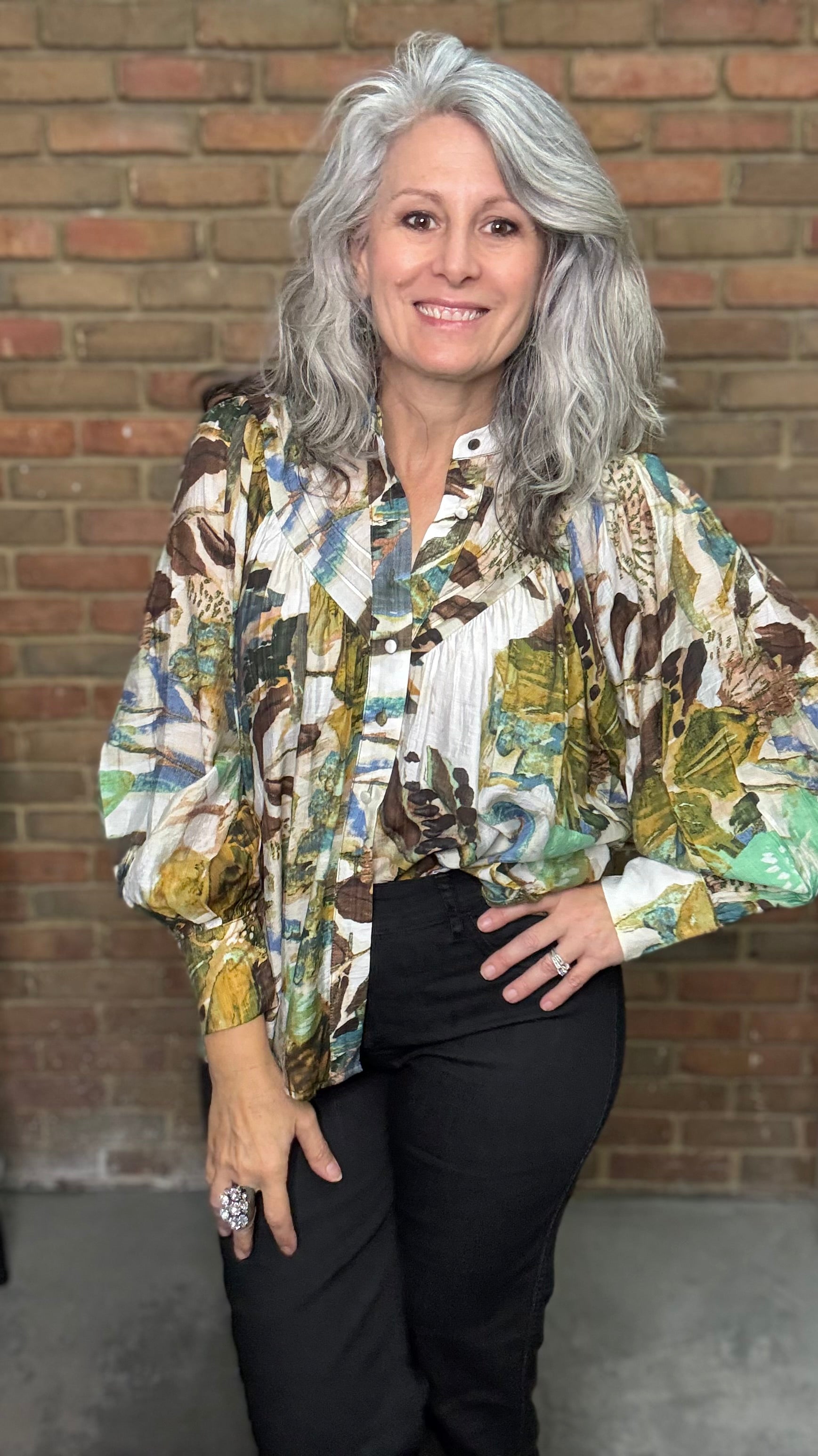 Abstract Floral Printed Button Down Blouse
