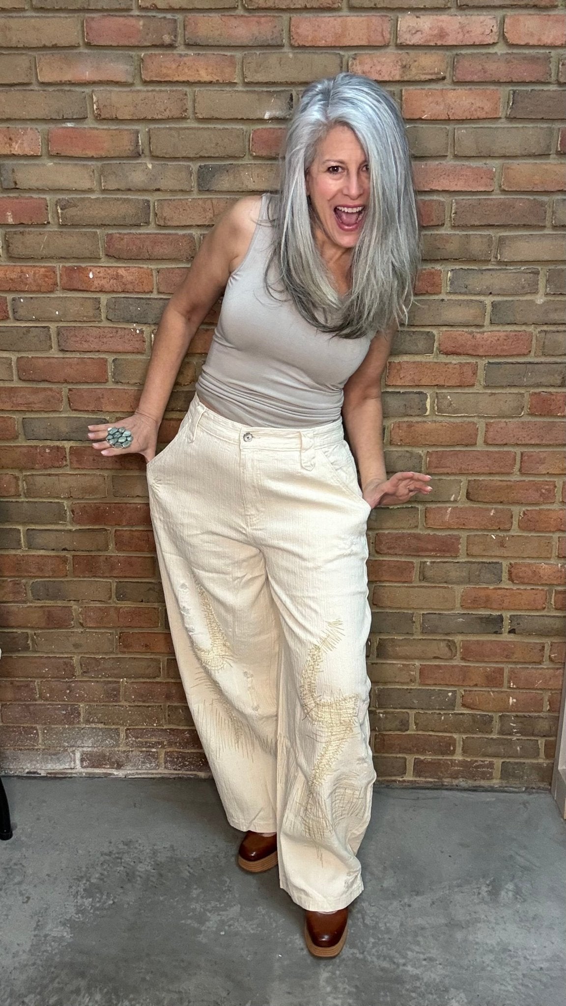 Natural Wide Fit Stitched Pants - Vintage Vault Boutique