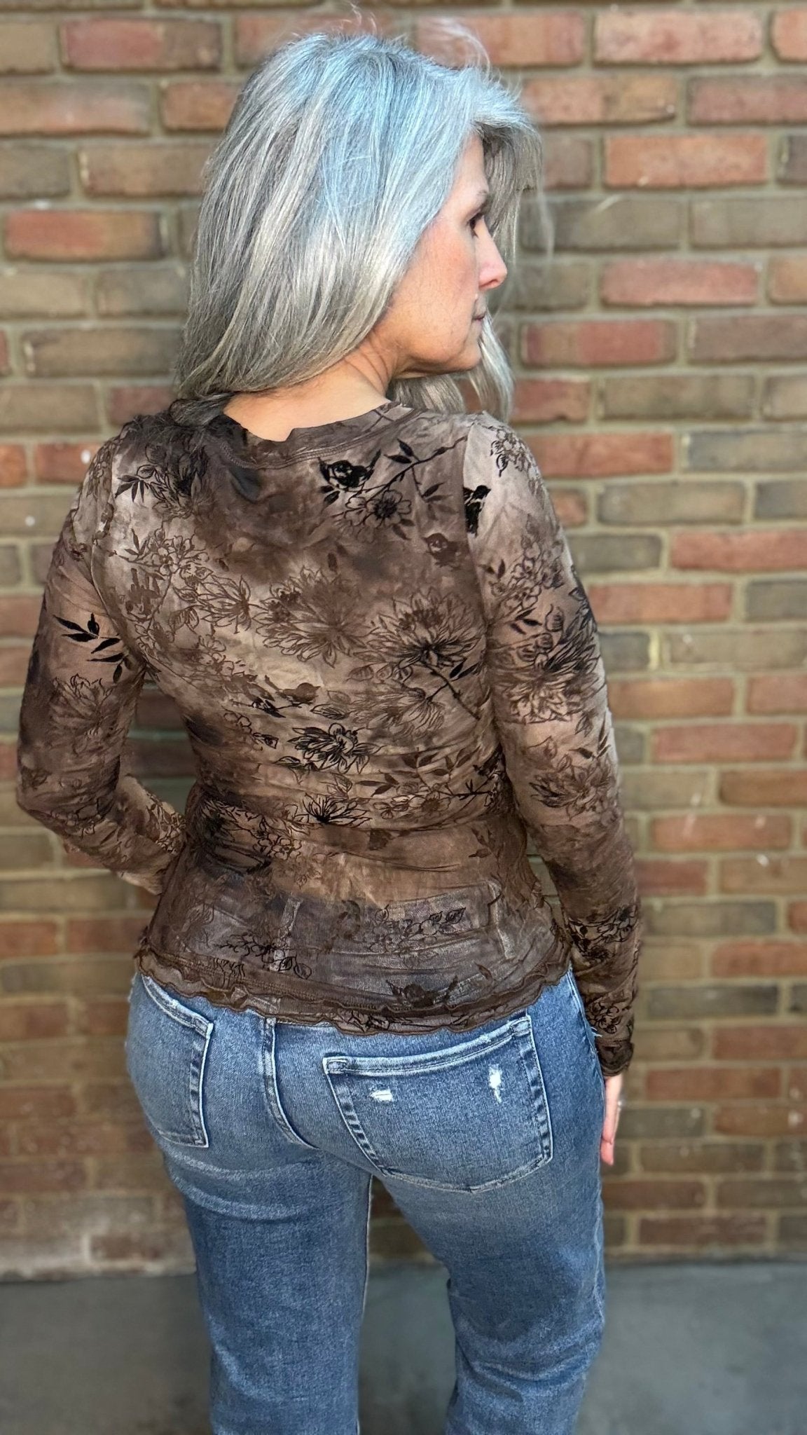 Brown Burn Out Floral Mesh Top - Vintage Vault Boutique