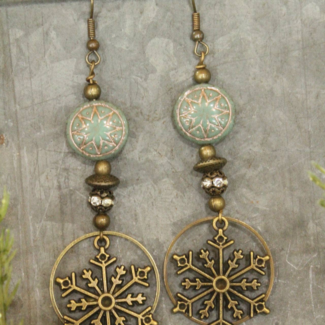 Czech &amp; Bronze Snowflake Mint Dangle Earrings