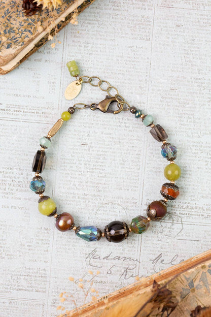 Crisp Autumn 7.5-8.5" Green Jade, Crystal, Freshwater Pearl Collage Bracelet