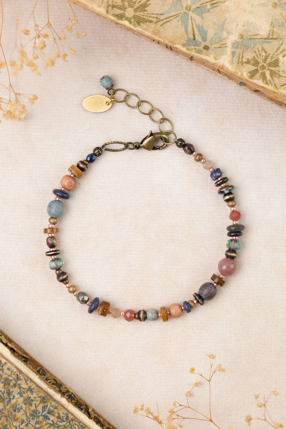Storyteller 7.5-8.5" Czech Glass, Muscovite, Wood Collage Bracelet