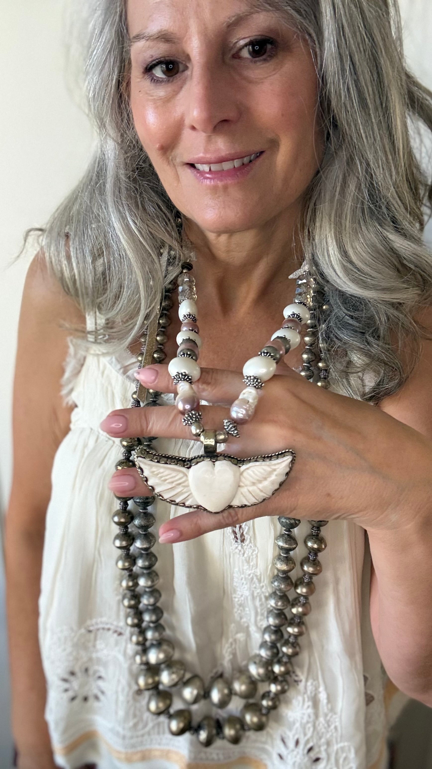 Bone Heart with Wing Beaded Leather Necklace