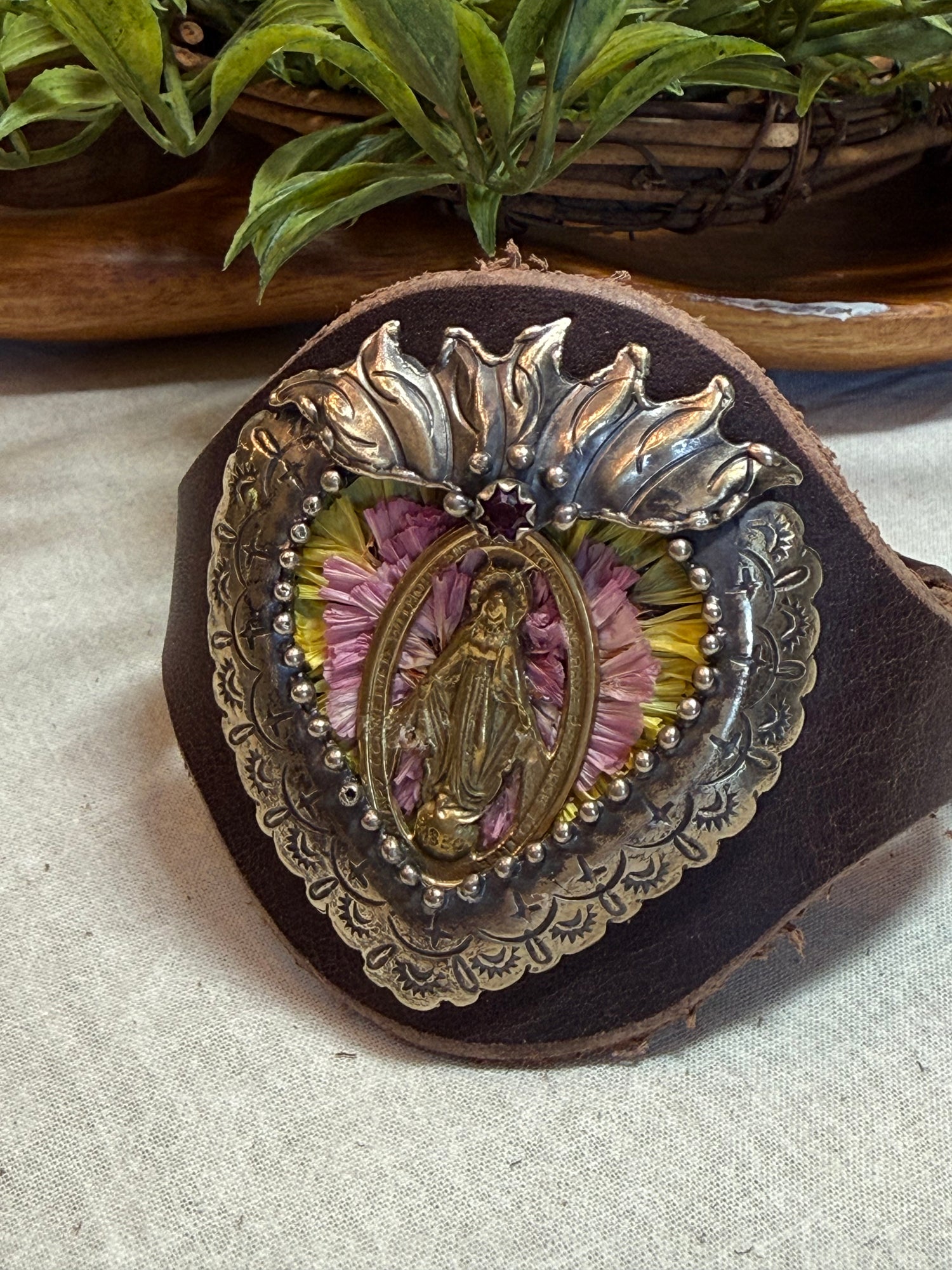 Flaming Heart with Lady of Guad Leather Cuff