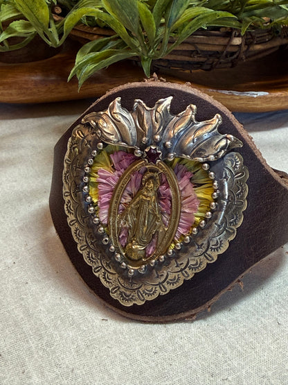 Flaming Heart with Lady of Guad Leather Cuff