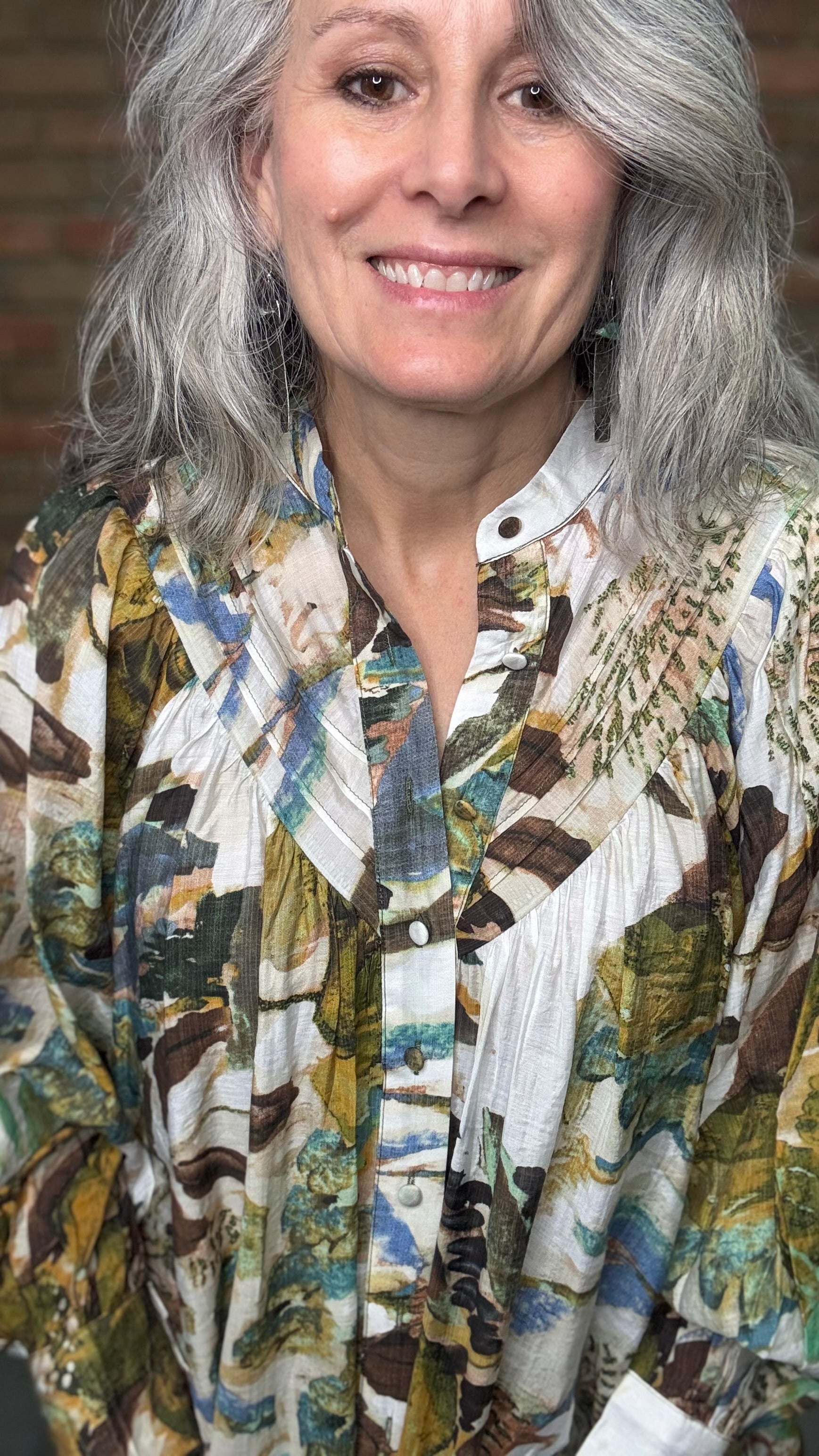 Abstract Floral Printed Button Down Blouse