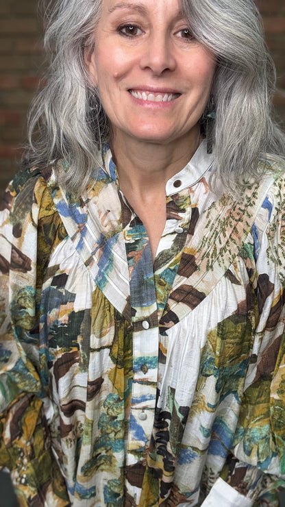 Abstract Floral Printed Button Down Blouse