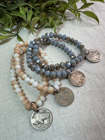 Beaded Stretch Bracelet with Buffalo Nickel Drop - Vintage Vault Boutique
